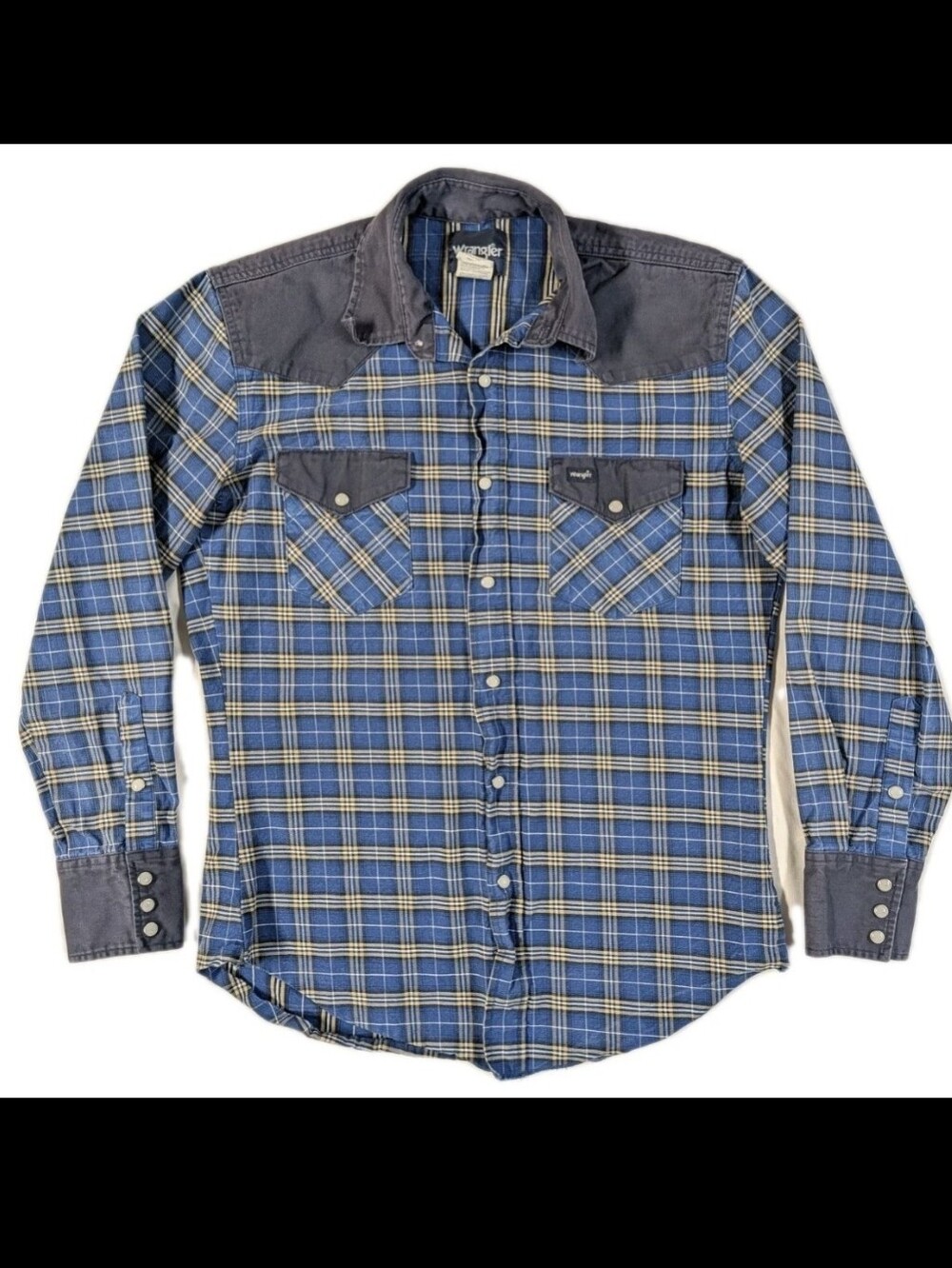 Wrangler Mens M Blue Plaid Pearl Snap Shirt Contrast Yoke Brushpopper Style